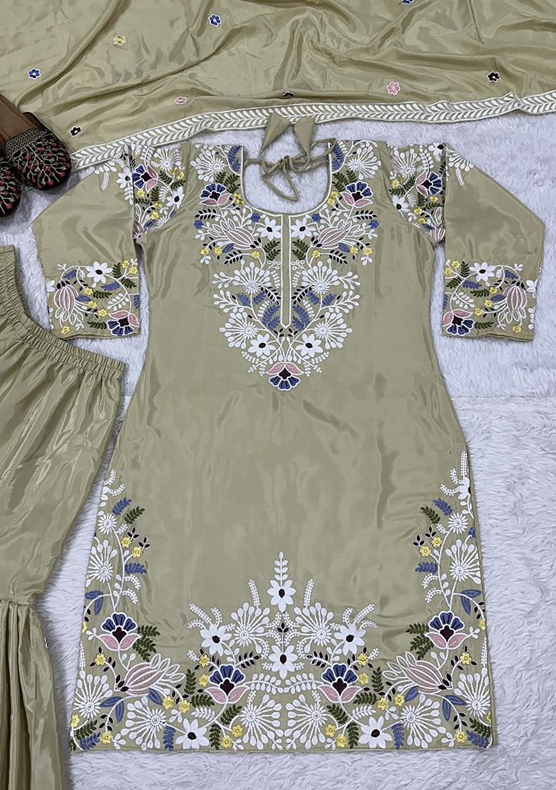 Cream Embroidered Crepe Salwar Suit - Indya