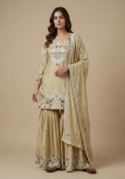 Cream Embroidered Crepe Salwar Suit