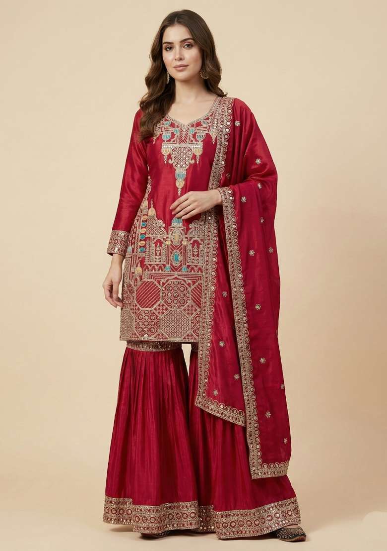 Pink Embroidered Silk Blend Sharara Set - Indya