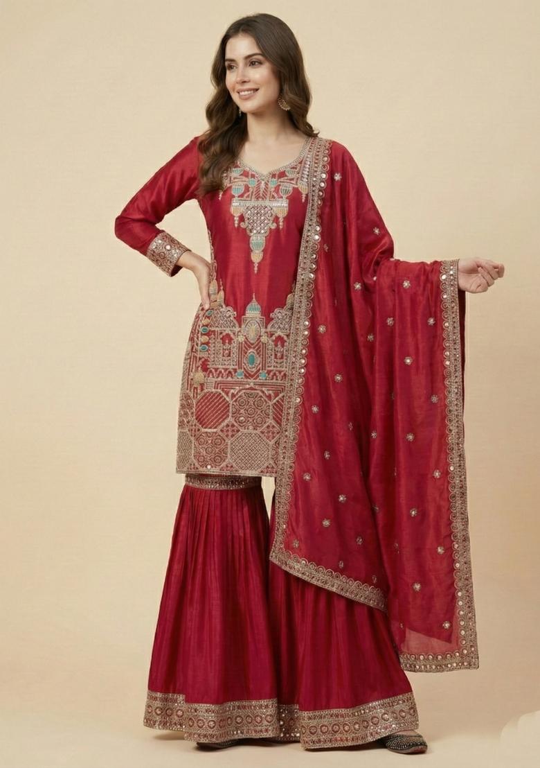 Pink Embroidered Silk Salwar Suit - Indya