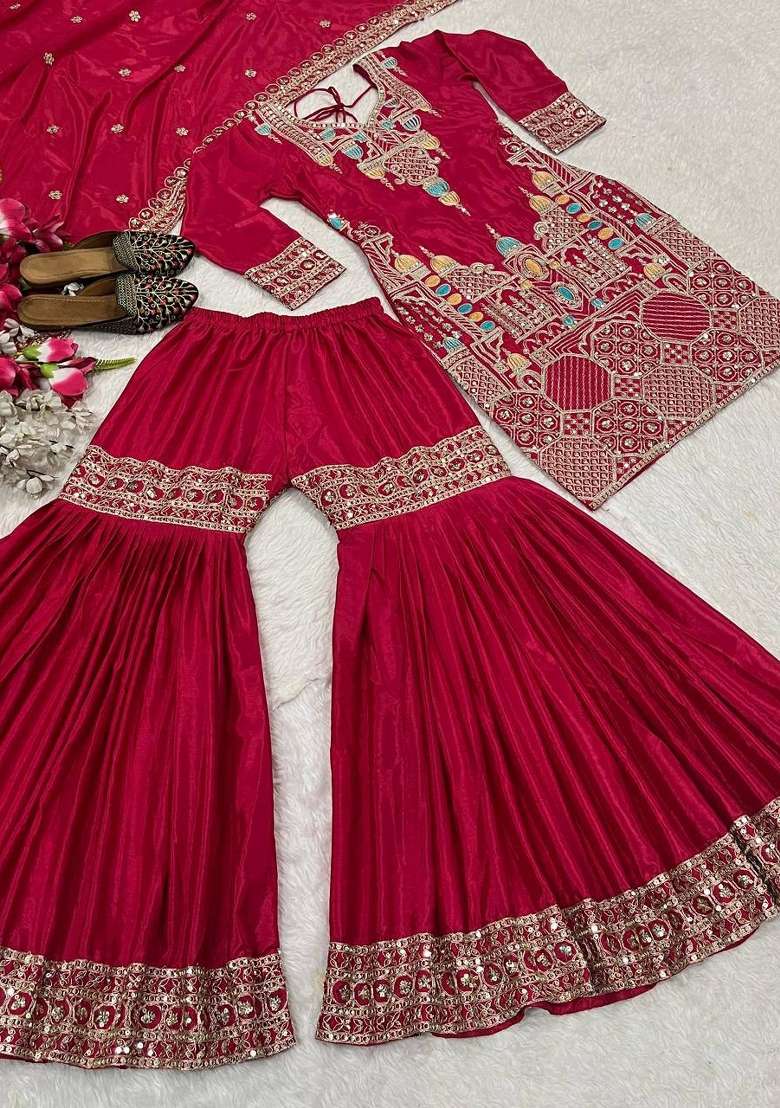 Pink Embroidered Silk Blend Sharara Set - Indya