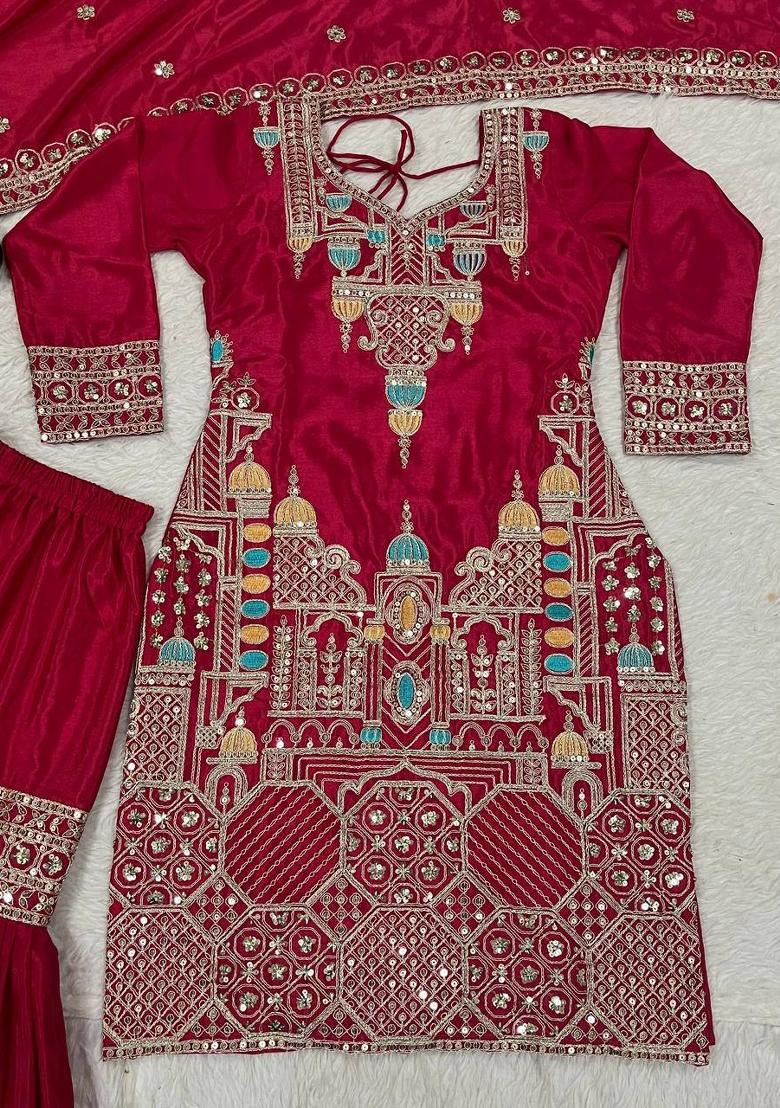 Pink Embroidered Silk Salwar Suit - Indya