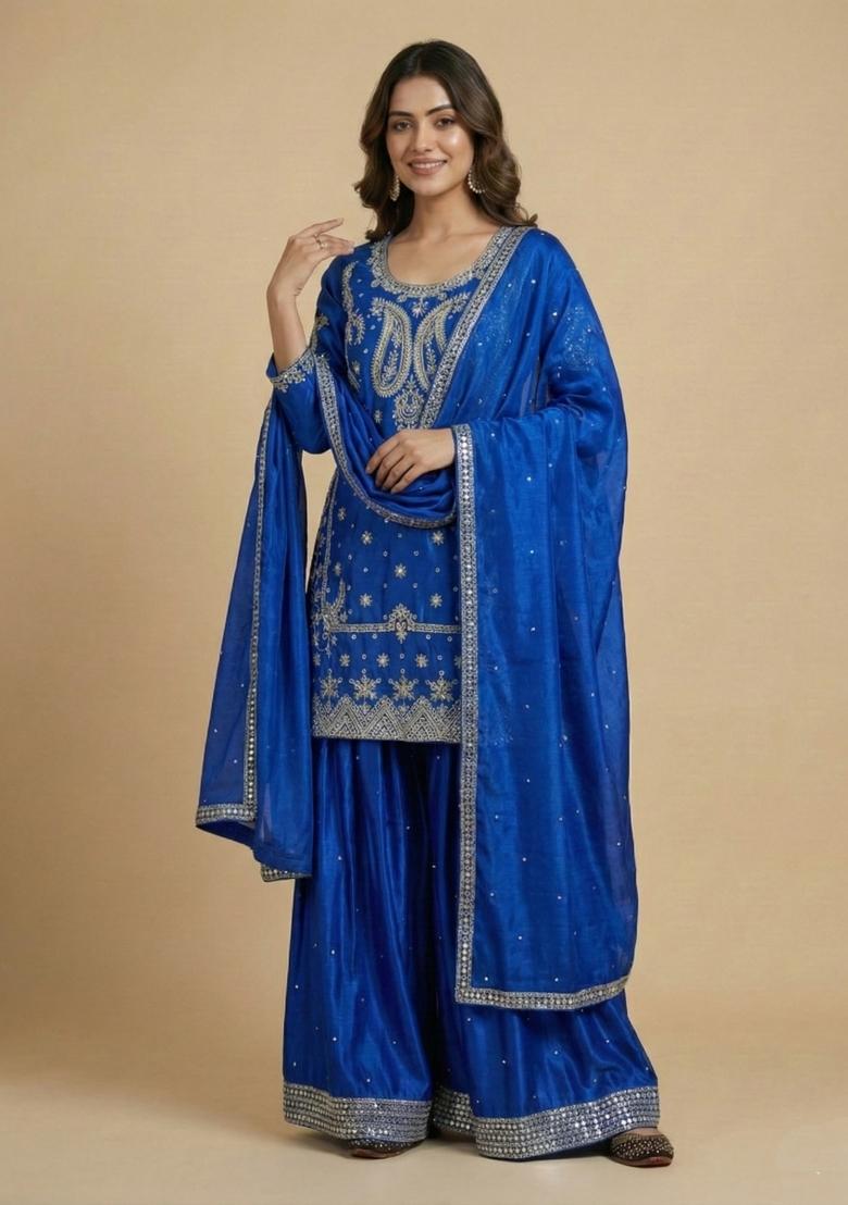 Blue Embroidered Silk Salwar Suit - Indya