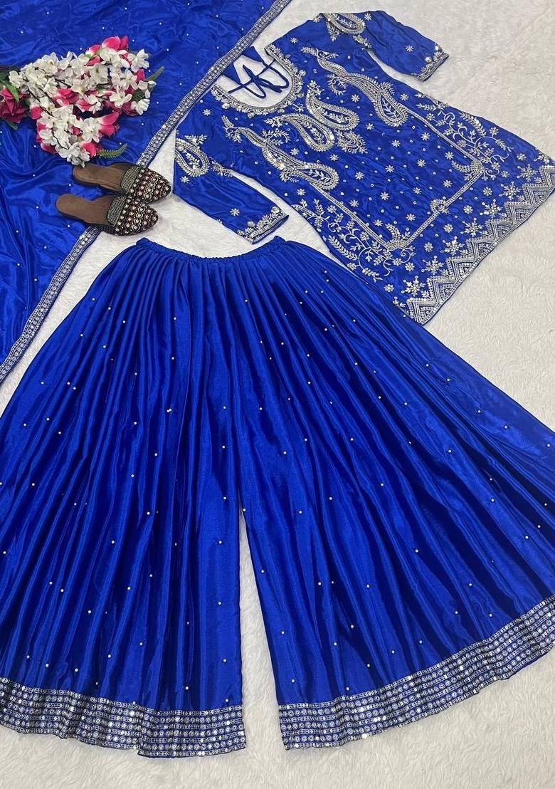 Blue Embroidered Silk Salwar Suit - Indya