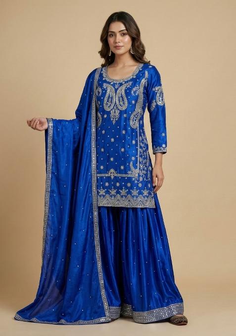 Blue Embroidered Silk Salwar Suit