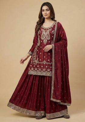 Maroon Embroidered Silk Salwar Suit