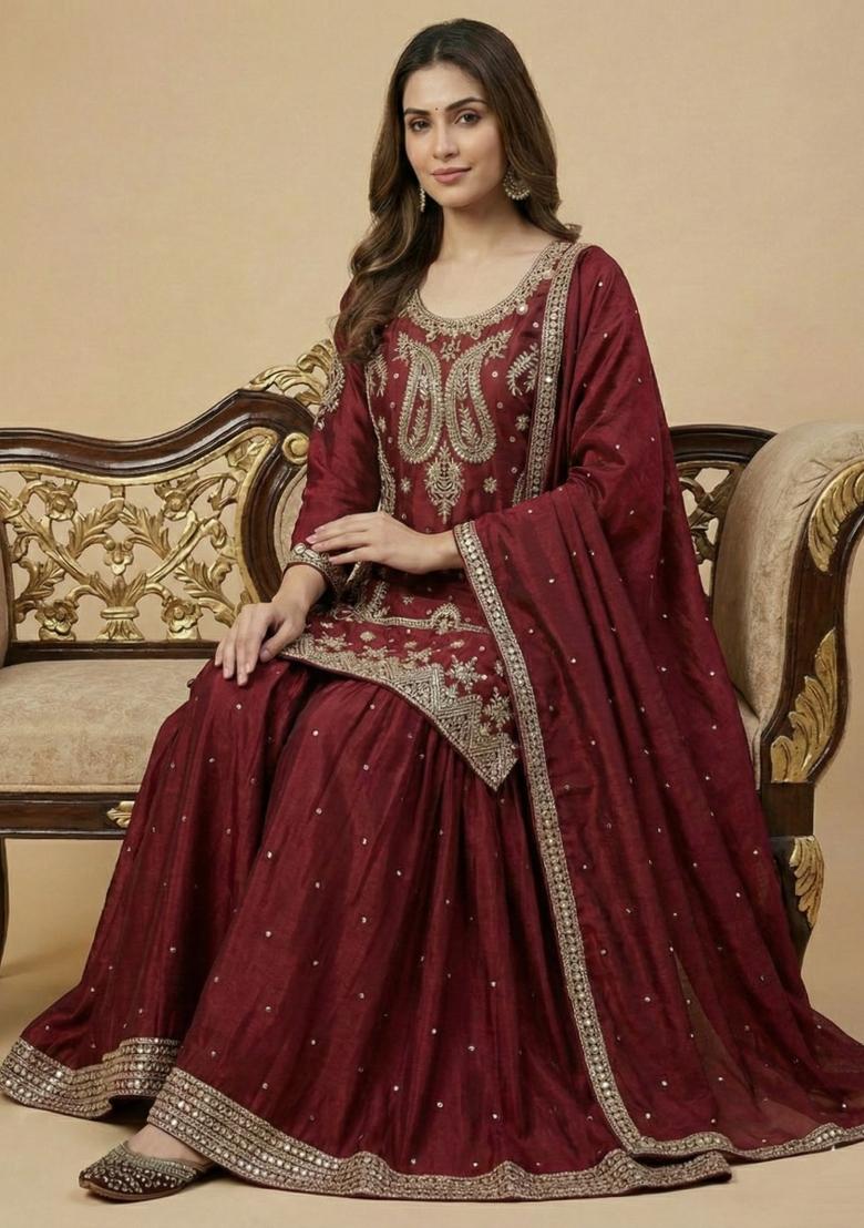 Maroon Embroidered Silk Salwar Suit - Indya
