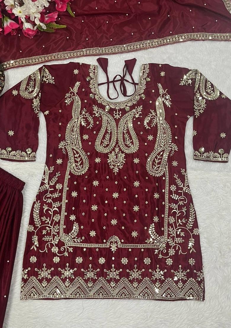 Maroon Embroidered Silk Salwar Suit - Indya