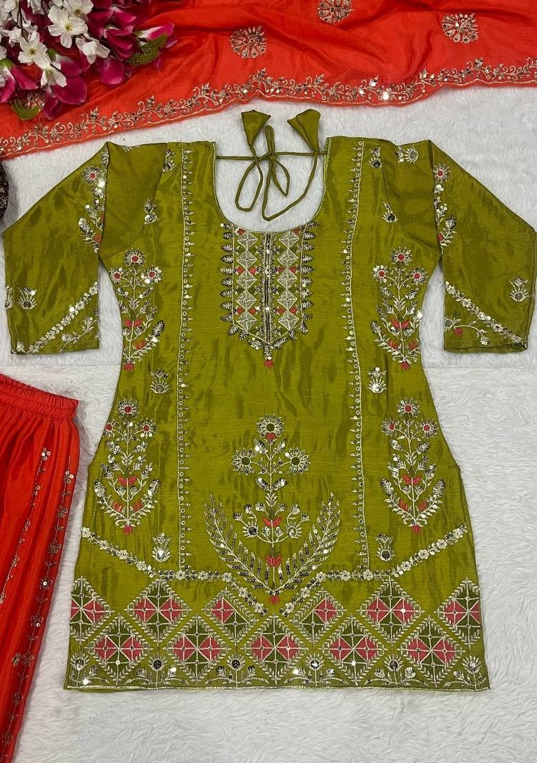 Yellow Embroidered Silk Salwar Suit - Indya