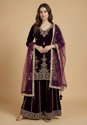 Wine Embroidered Velvet Salwar Suit