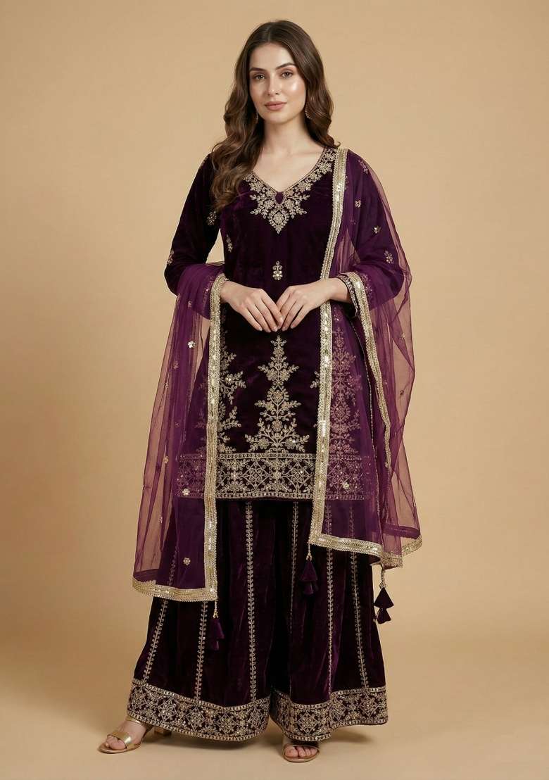 Wine Embroidered Velvet Sharara Set - Indya