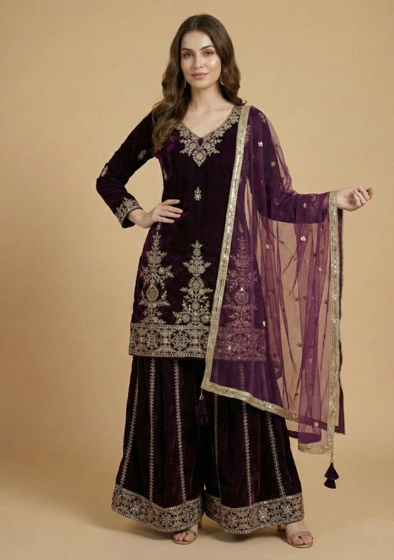 Wine Embroidered Velvet Salwar Suit - Indya