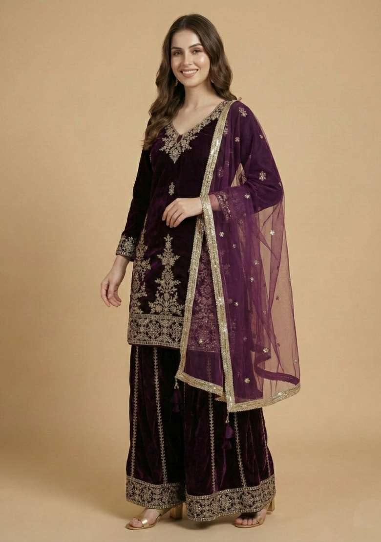 Wine Embroidered Velvet Sharara Set - Indya