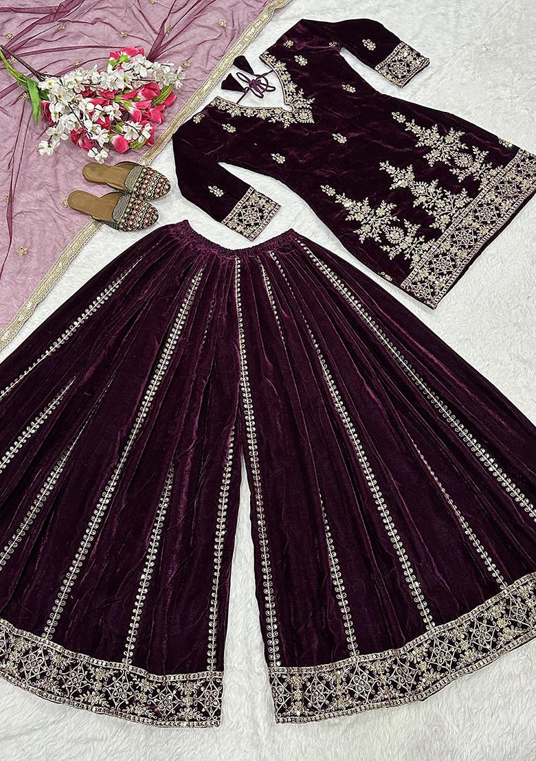Wine Embroidered Velvet Salwar Suit - Indya