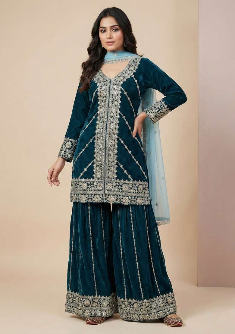 Teal Embroidered Velvet Sharara Set - Indya