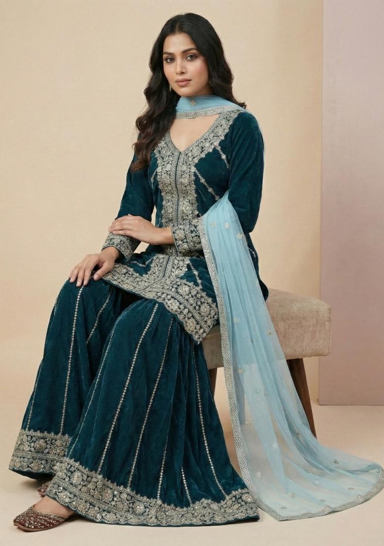 Teal Embroidered Velvet Salwar Suit - Indya