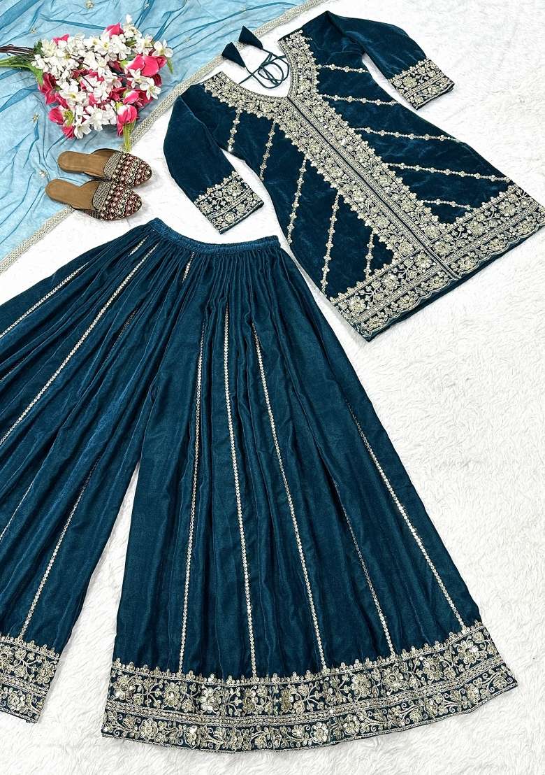 Teal Embroidered Velvet Sharara Set - Indya