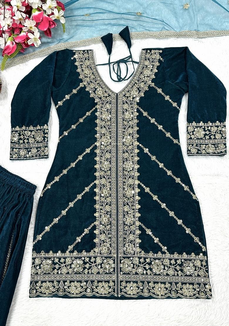 Teal Embroidered Velvet Salwar Suit - Indya