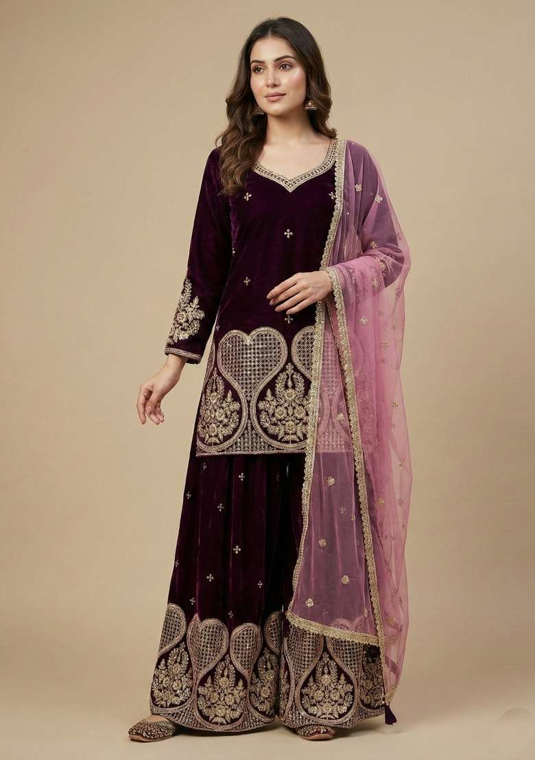 Wine Embroidered Velvet Sharara Set - Indya