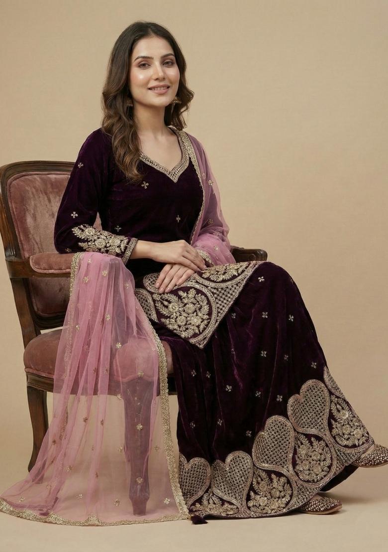 Wine Embroidered Velvet Salwar Suit - Indya