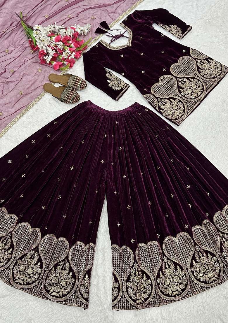 Wine Embroidered Velvet Sharara Set - Indya