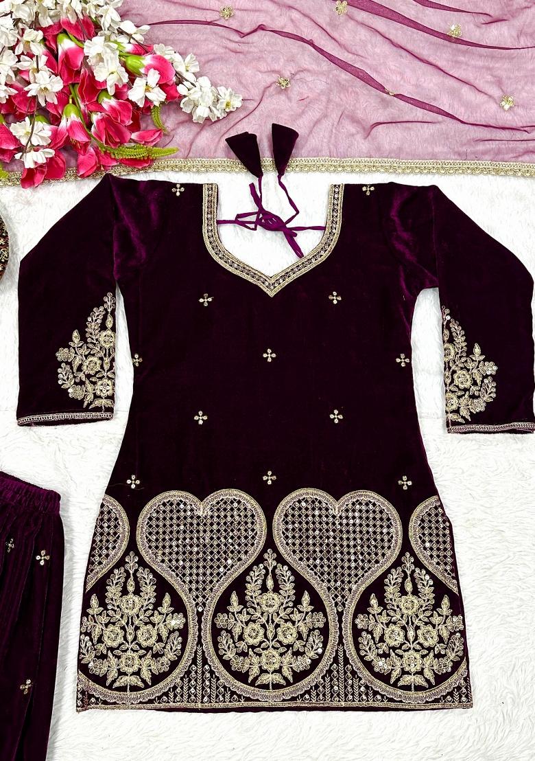 Wine Embroidered Velvet Salwar Suit - Indya