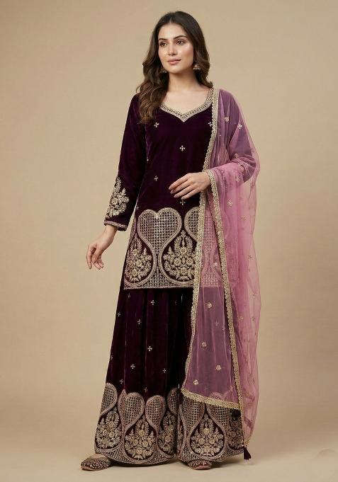 Wine Embroidered Velvet Salwar Suit