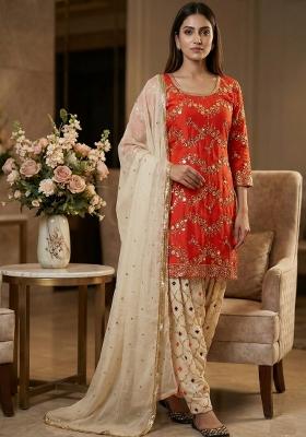 Orange Embroidered Georgette Salwar Suit