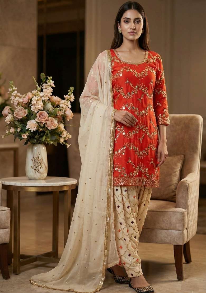 Orange Embroidered Georgette Salwar Suit - Indya
