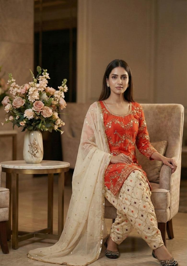 Orange Embroidered Georgette Salwar Suit - Indya