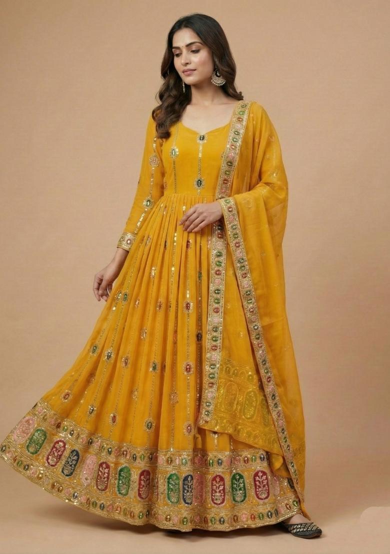 Yellow Embroidered Georgette Salwar Suit - Indya