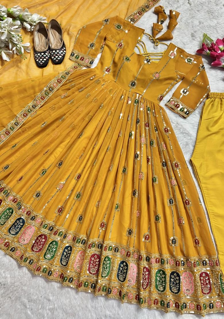 Yellow Embroidered Georgette Salwar Suit - Indya