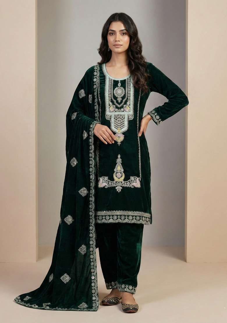 Green Embroidered Velvet Punjabi Suit - Indya