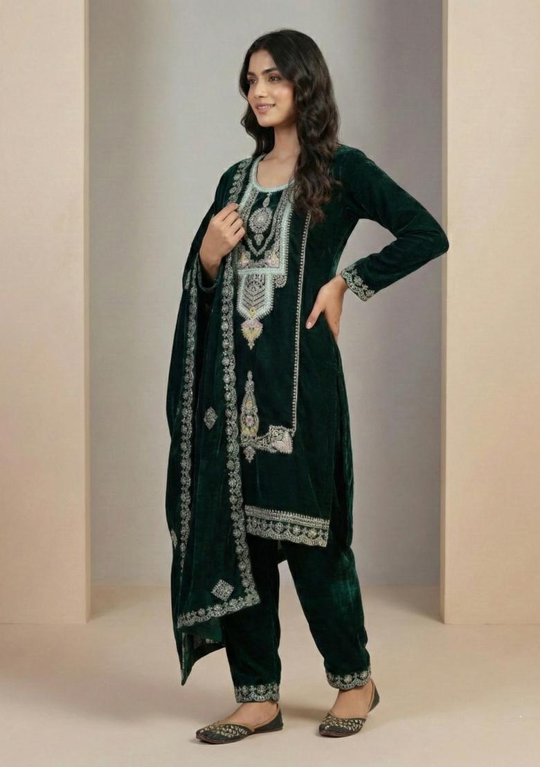 Green Embroidered Velvet Salwar Suit - Indya
