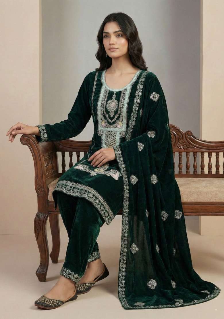 Green Embroidered Velvet Punjabi Suit - Indya