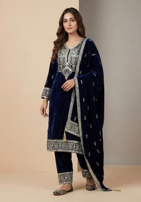 Navy Blue Embroidered Velvet Salwar Suit