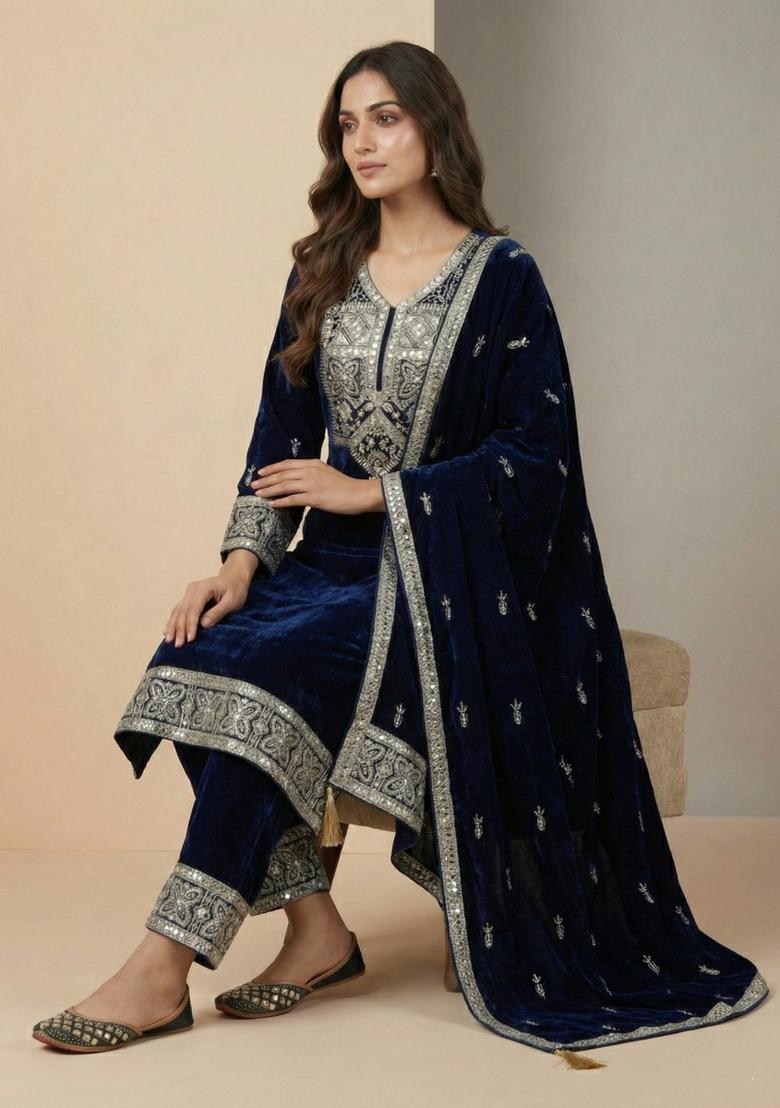 Navy Blue Embroidered Velvet Salwar Suit - Indya