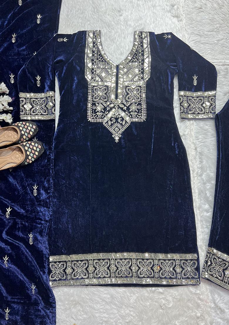 Navy Blue Embroidered Velvet Salwar Suit - Indya