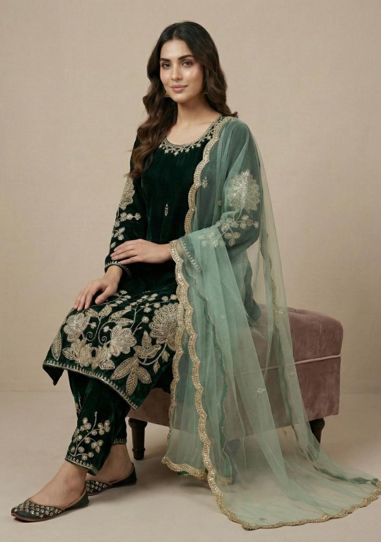 Green Embroidered Velvet Salwar Suit - Indya