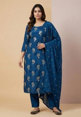 Blue Embroidered Chinon Salwar Suit