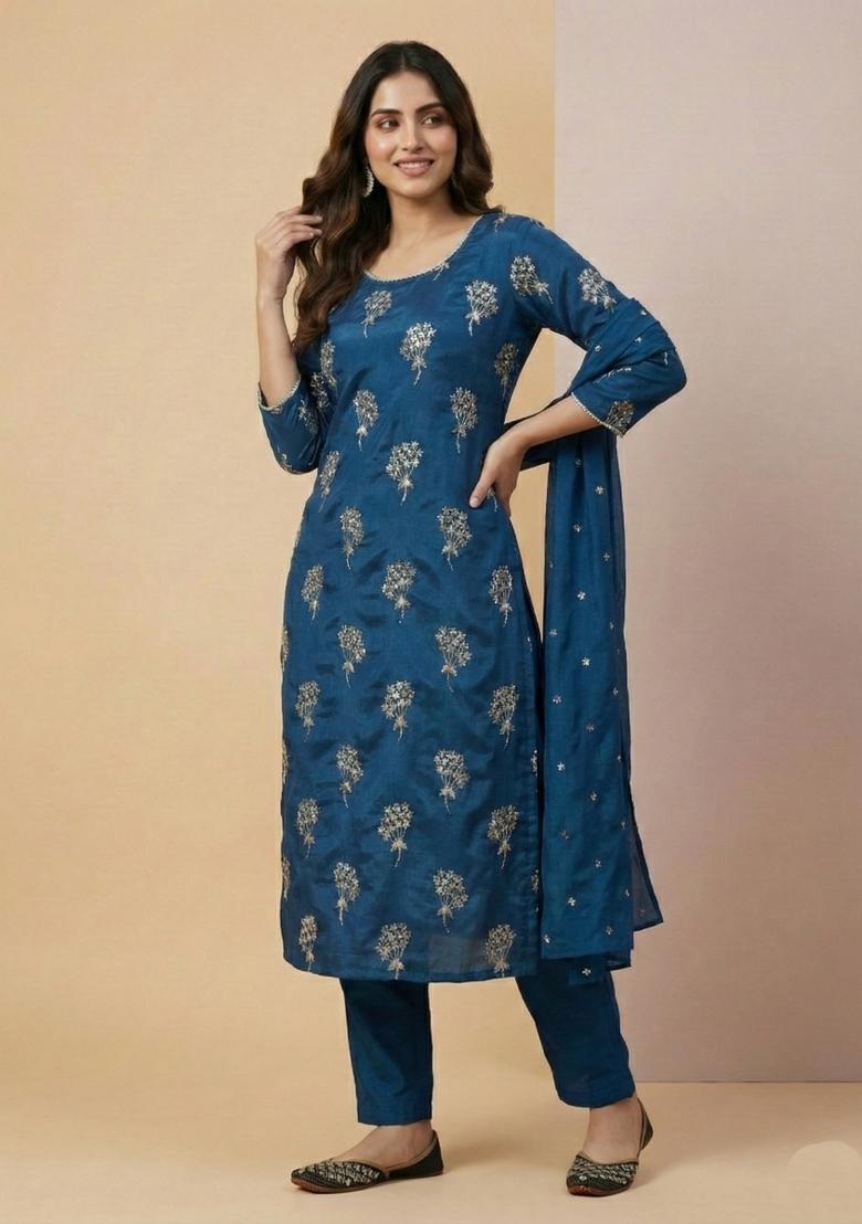 Blue Embroidered Chinon Salwar Suit - Indya