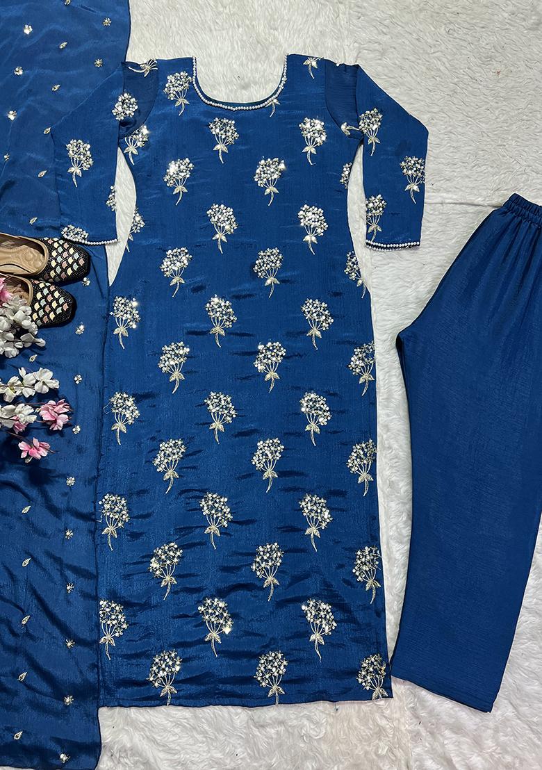 Blue Embroidered Chinon Salwar Suit - Indya