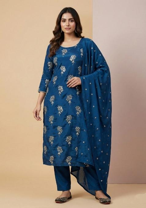 Blue Embroidered Chinon Salwar Suit