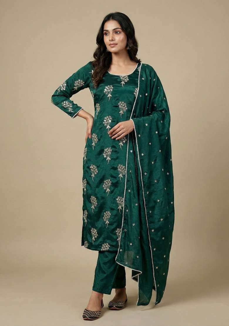 Green Embroidered Chinon Straight Kurta Set - Indya