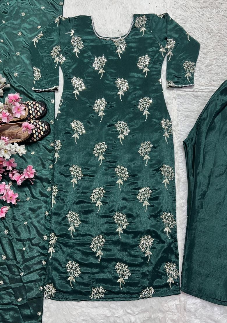 Green Embroidered Chinon Salwar Suit - Indya