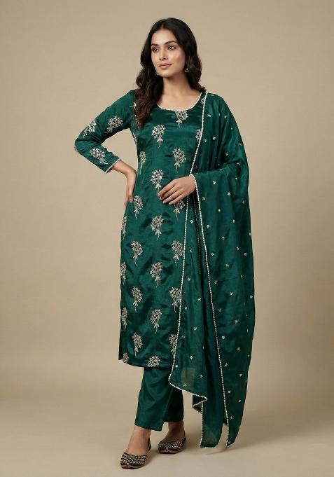 Green Embroidered Chinon Salwar Suit