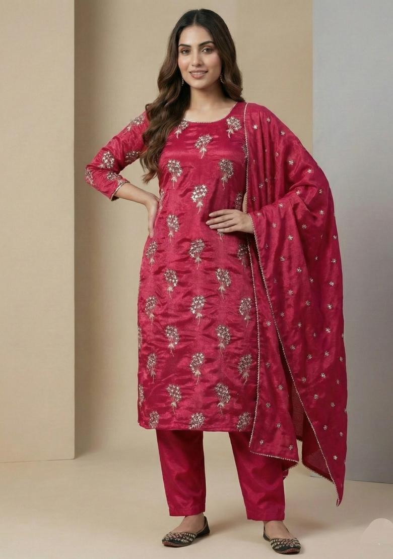 Pink Embroidered Chinon Salwar Suit - Indya