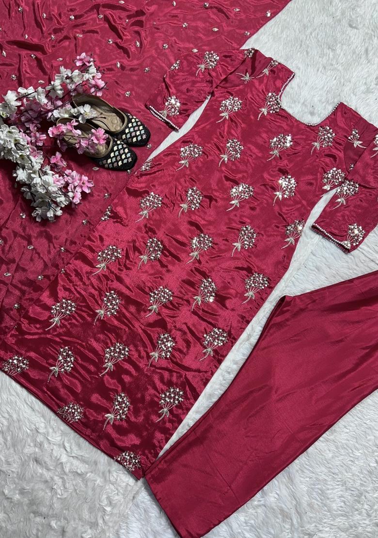 Pink Embroidered Chinon Salwar Suit - Indya
