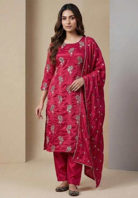 Pink Embroidered Chinon Salwar Suit