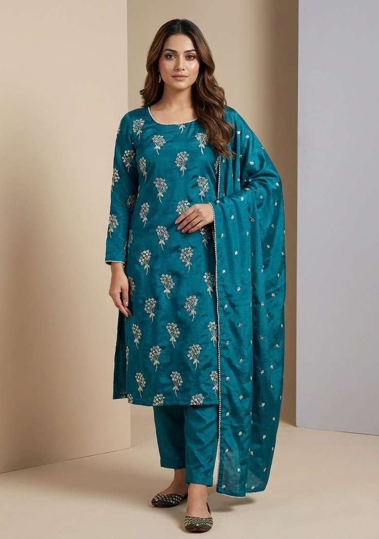 Teal Printed Chinon Straight Kurta Set - Indya